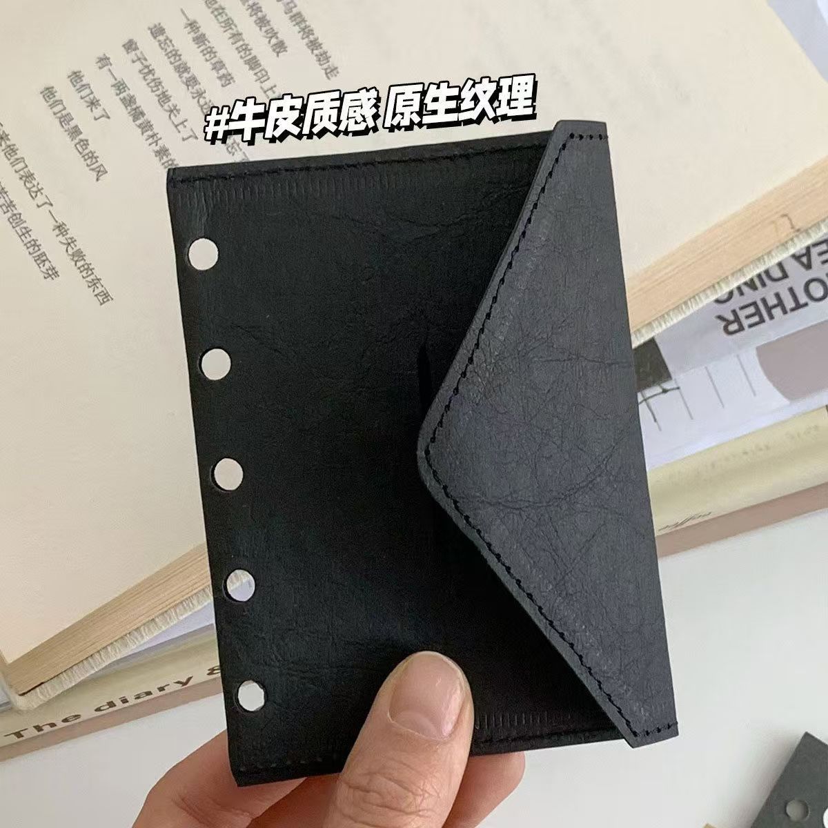 Vintage Washed Leather Envelope Pocket - M5/A7 Ring Binder Storage Sleeve, 6-Ring Punched Card Holder