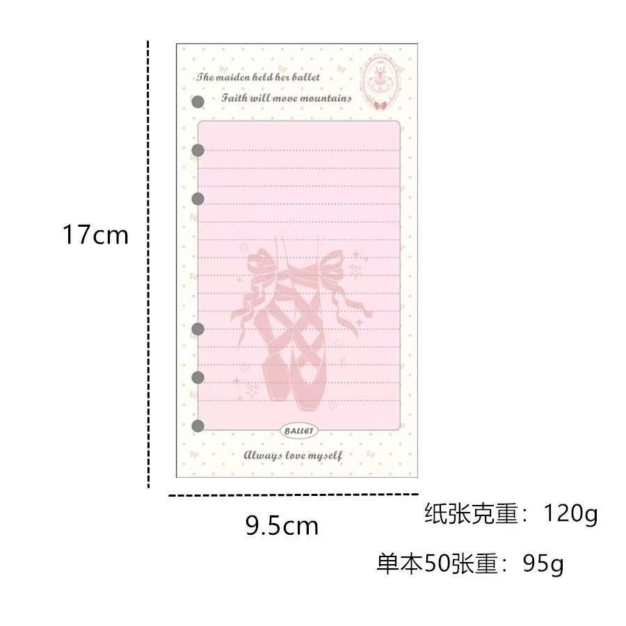 A6 Ballet Notebook Refill - 45 Sheets 120gsm Paper, Girly Pink Ballerina Planner Inserts, 6-Ring Binder
