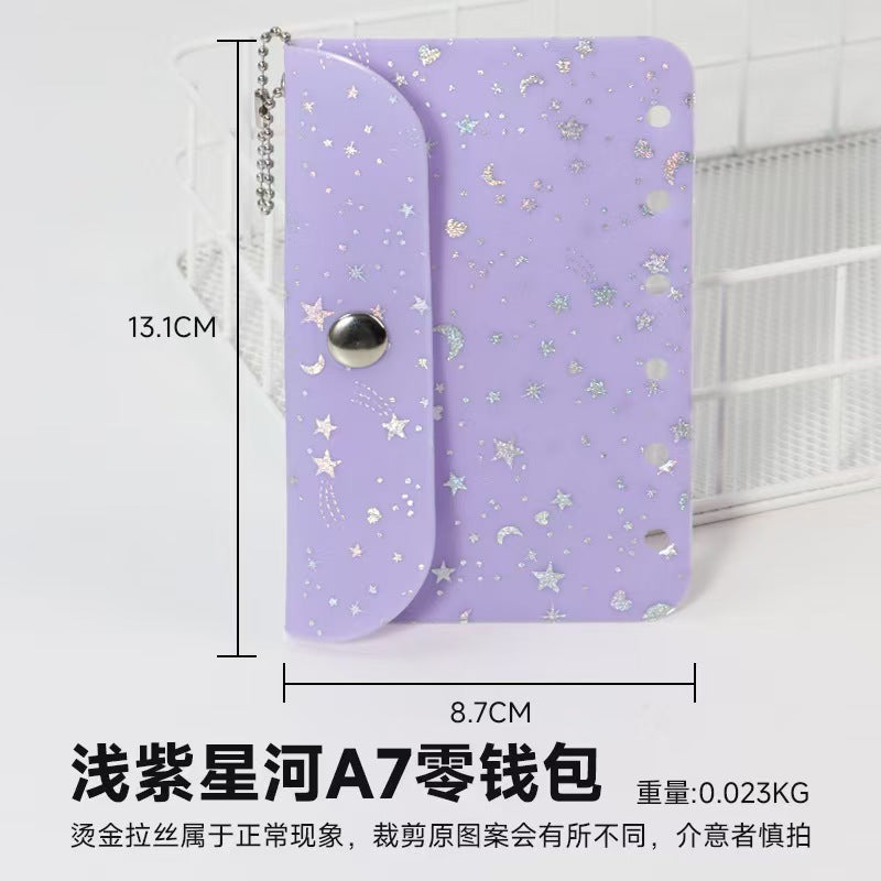 A7 Holographic Galaxy Coin Pouch – 6-Ring Loose-Leaf Card Holder with Snap Closure, 15 Colors