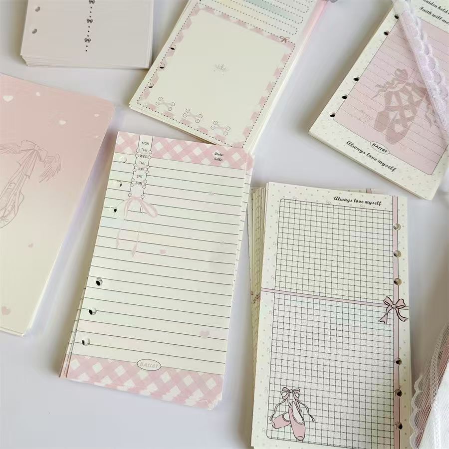 A6 Ballet Notebook Refill - 45 Sheets 120gsm Paper, Girly Pink Ballerina Planner Inserts, 6-Ring Binder