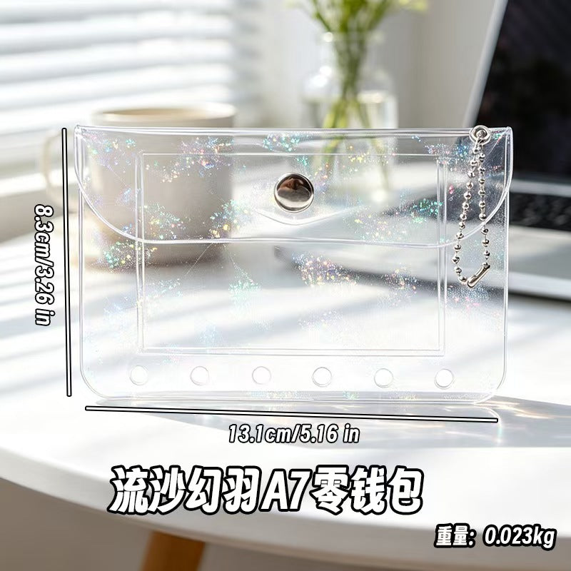 A7 Holographic Galaxy Coin Pouch – 6-Ring Loose-Leaf Card Holder with Snap Closure, 15 Colors