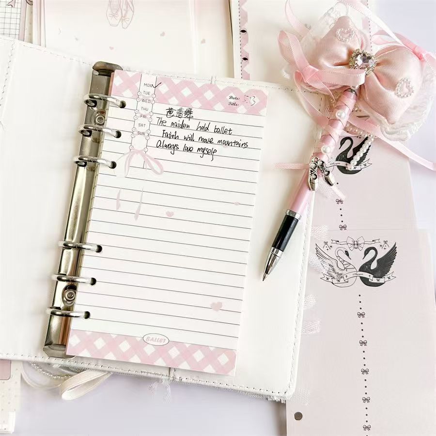 A6 Ballet Notebook Refill - 45 Sheets 120gsm Paper, Girly Pink Ballerina Planner Inserts, 6-Ring Binder