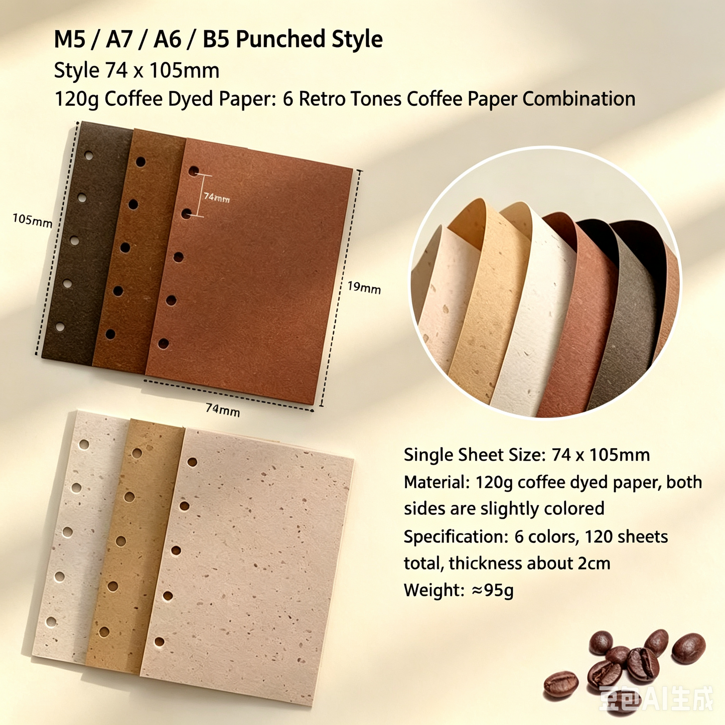 Coffee-Tone Paper Refill Set - 6 Colors, 120 Sheets, ~2cm Thick, Punched or Unpunched (A7/A6/M5/B6)