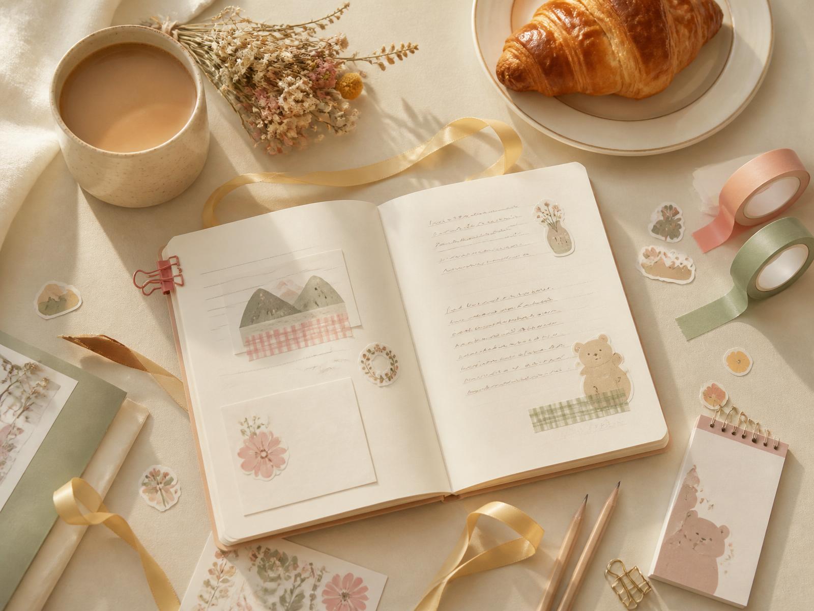 A cozy stationery desk with an open journal, coffee and washi tape